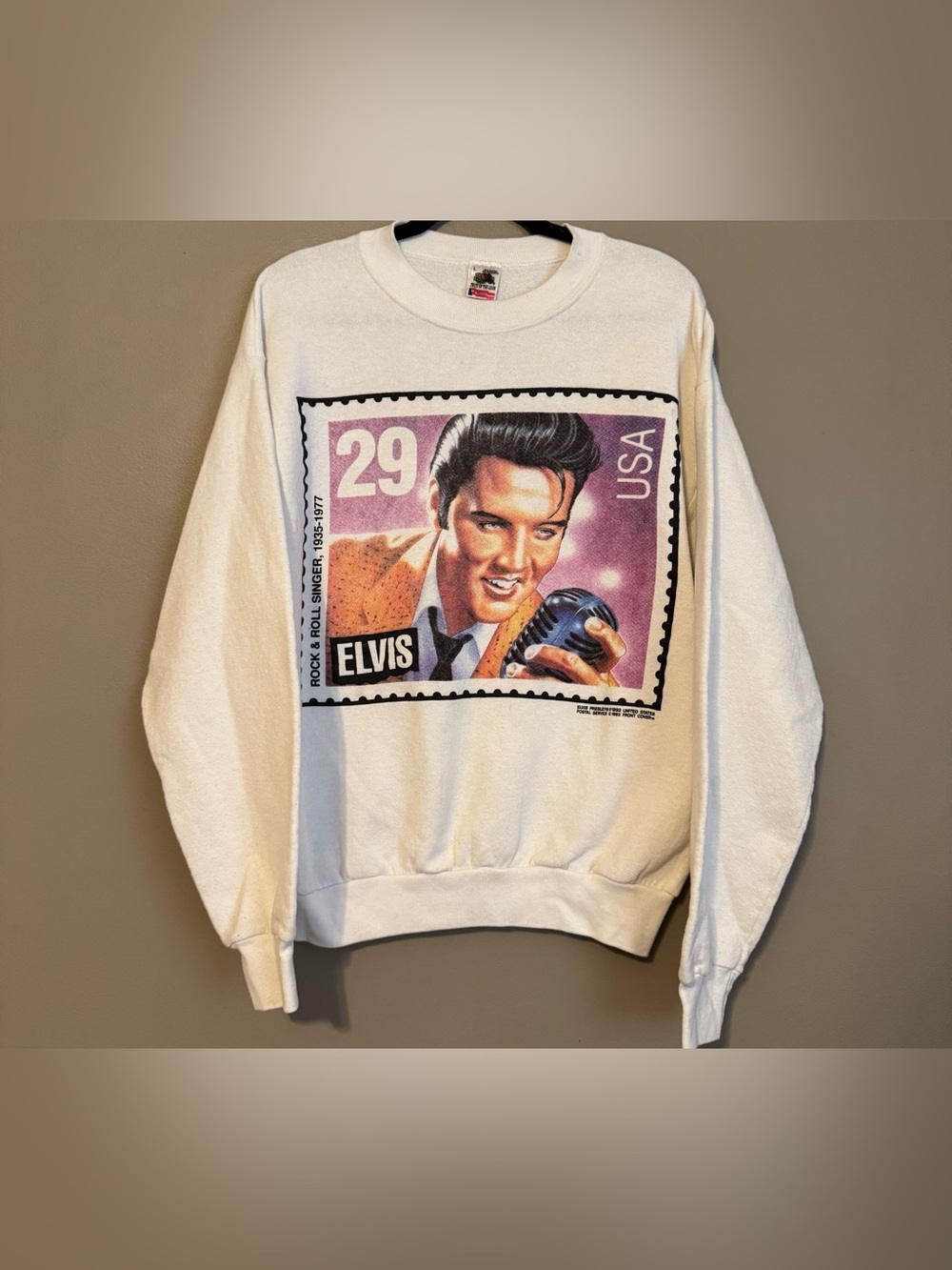 VTG 1992 Elvis Postage Stamp White Crewneck Sweater Fruit Of The Loom Unisex Lg